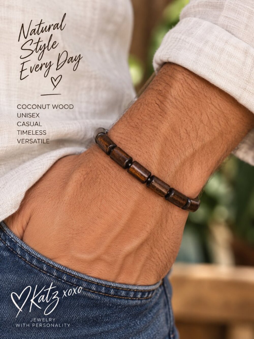 Coconut Wood Barrel Bead Stretch Bracelet Dark Brown Unisex Surfer Boho Jewelry
